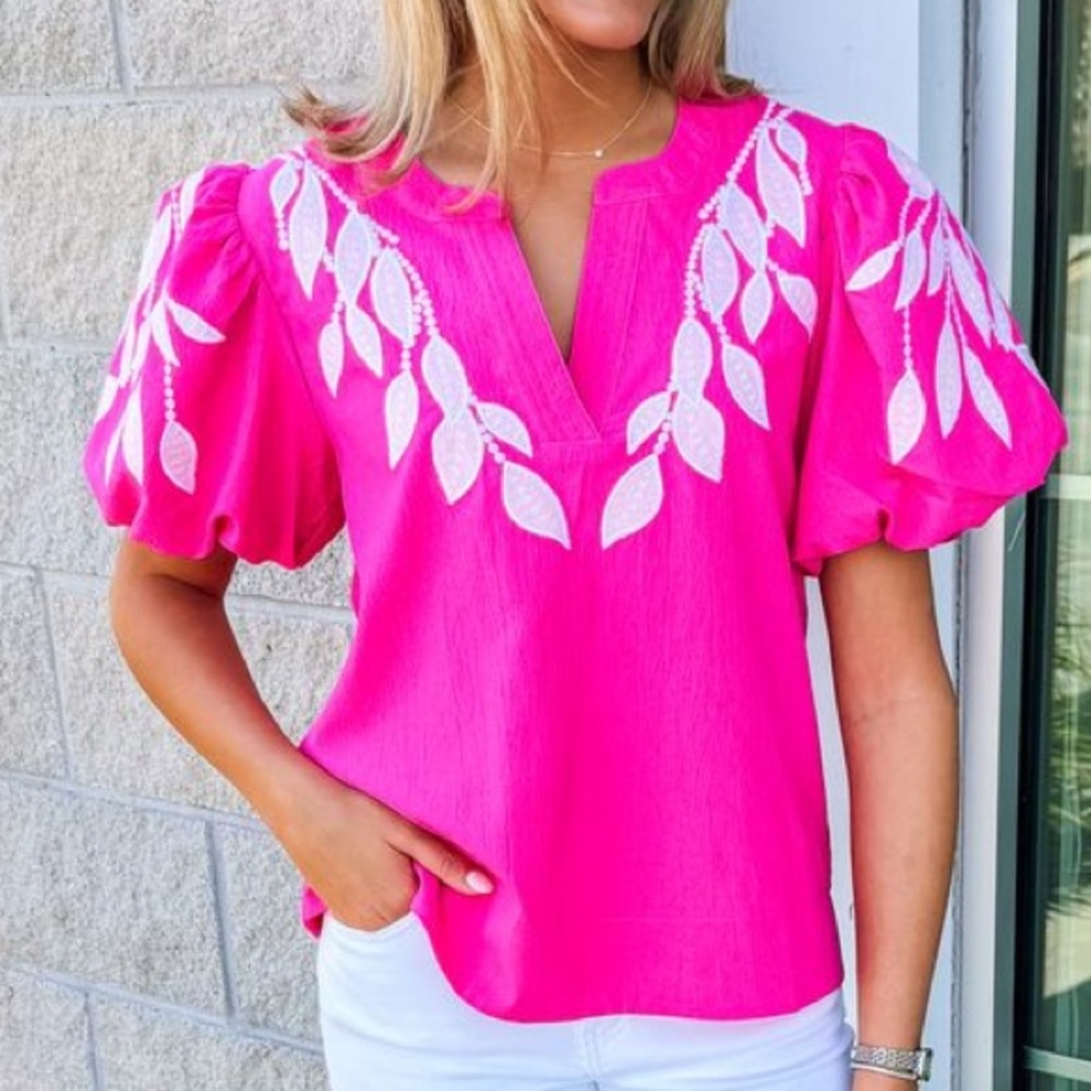 Hot Pink Embroidered Puff Sleeve Top